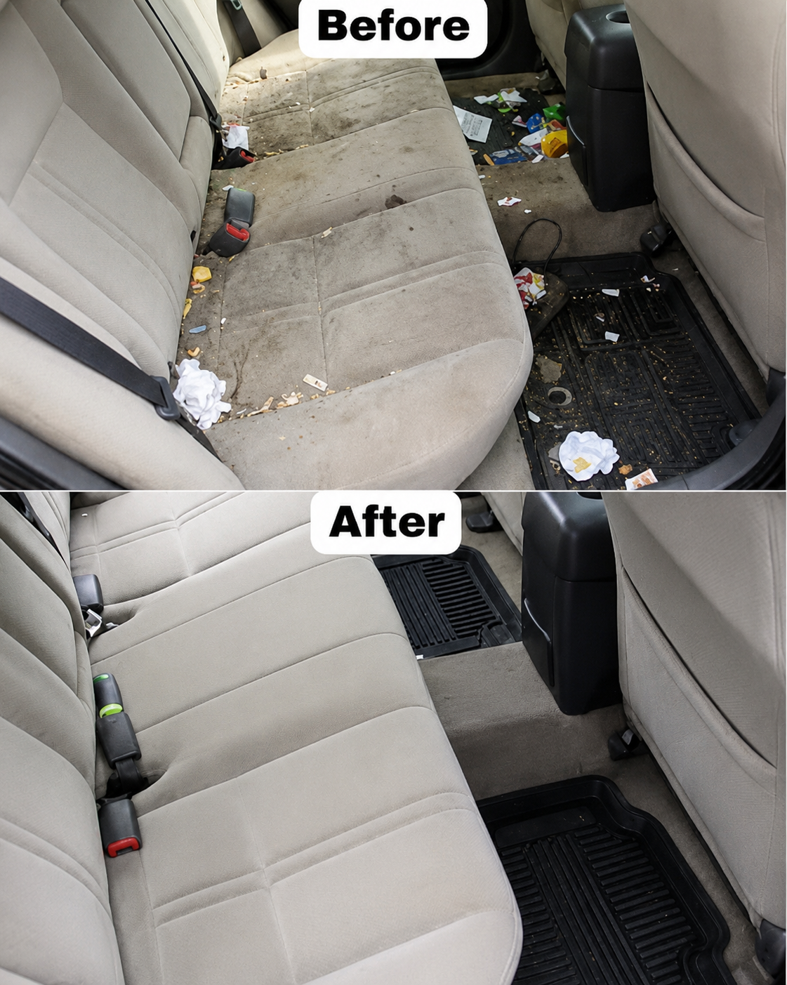 Rear seats and floor mats before and after a deep interior clean by Glory Detailing