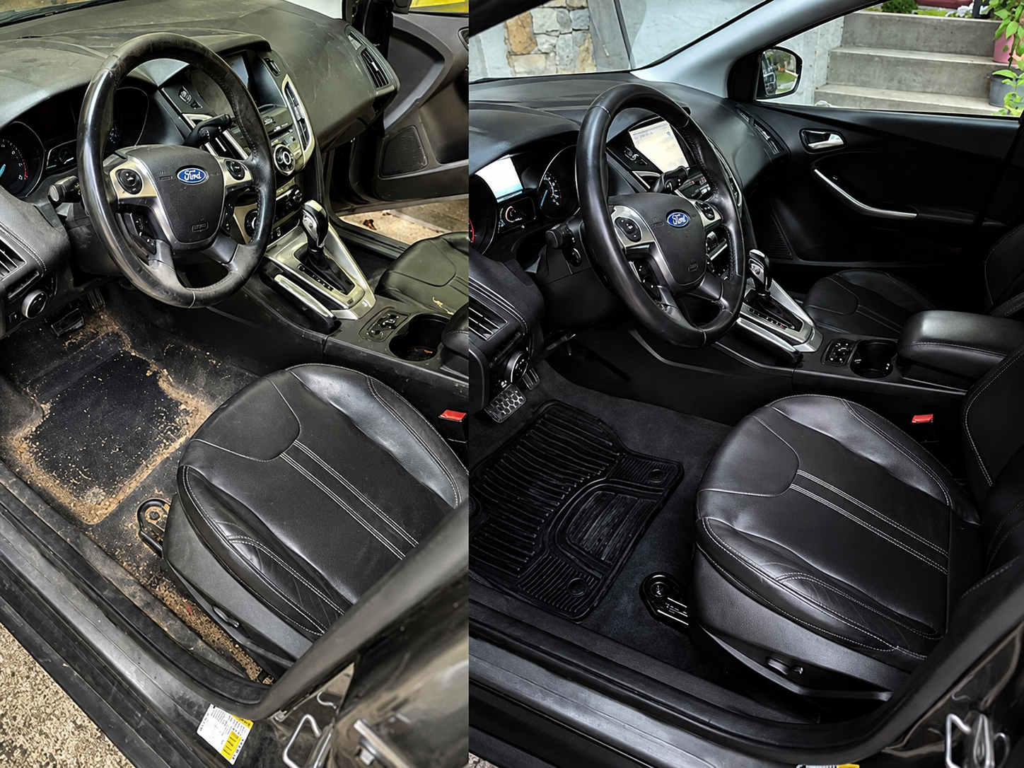 Ford Focus interior before and after a full interior detail by Glory Detailing