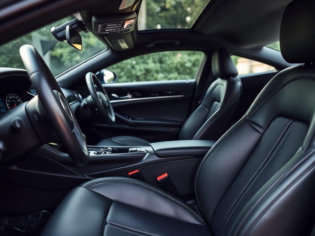 Spotless black leather car interior after detailing